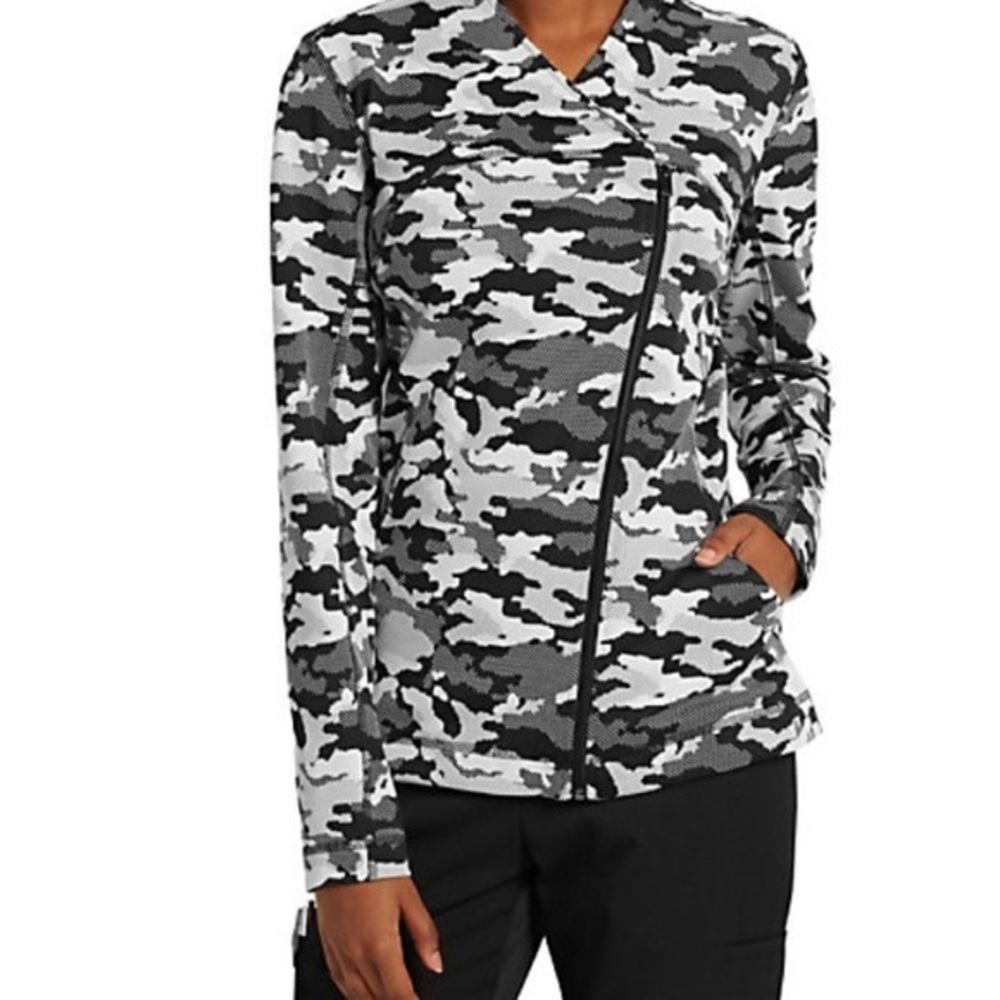 NWOT Women’s M Grey’s Anatomy Scrubs Scrub Jacket Black White Camouflage Top